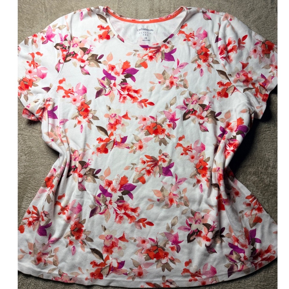 Croft & Barrow Classic Tee Womens‎ 1X White Orange Floral Short Sleeve Shirt